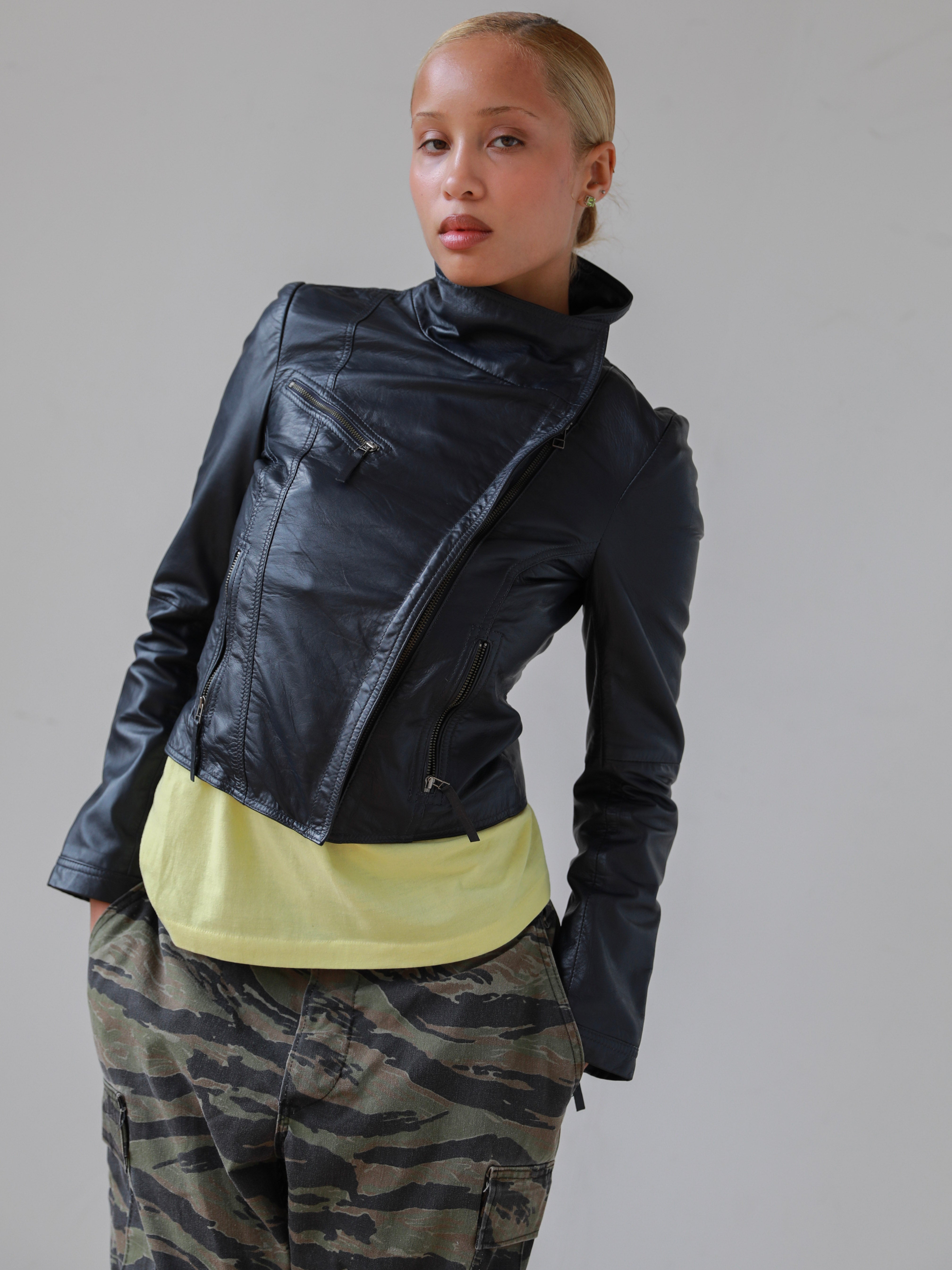 Funnel Neck Leather Jacket